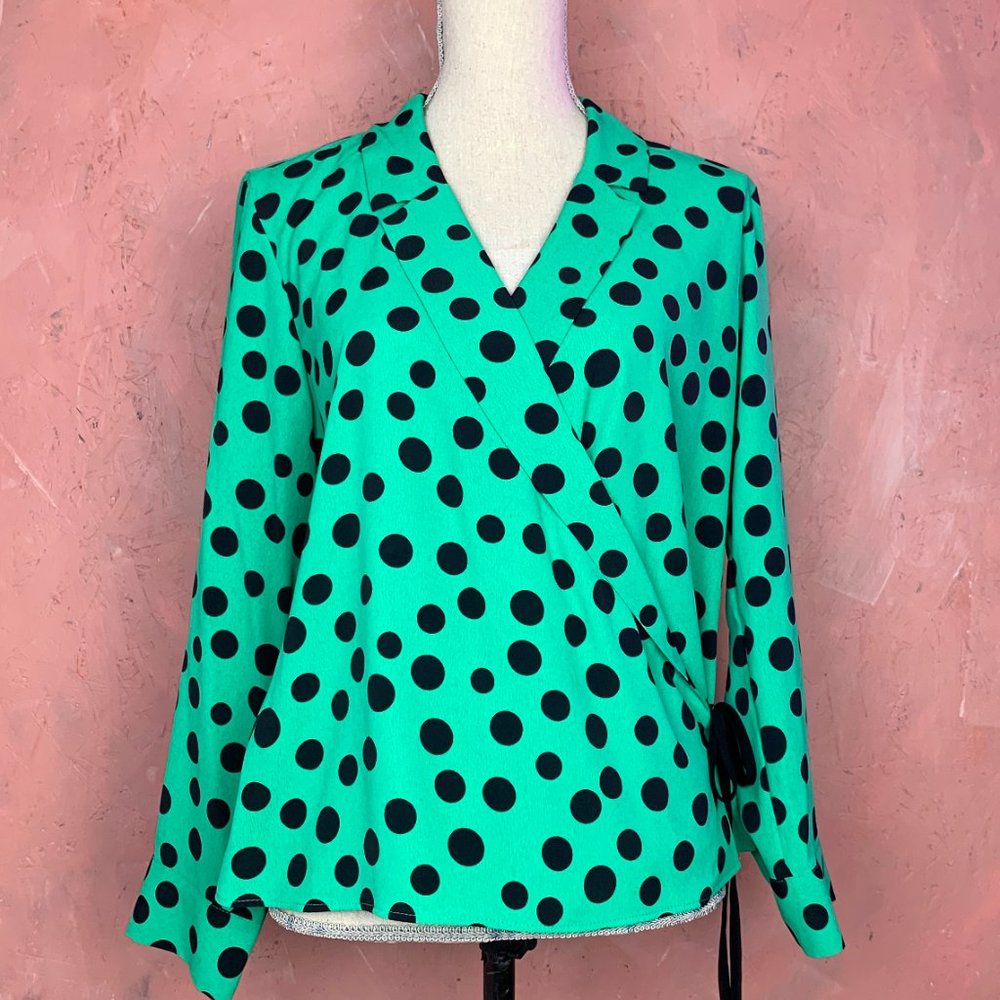 ZARA Green Polka Dot Tie Wrap Blouse/Green Wrap Blouse/Deep V Blouse/Flowy Lapel